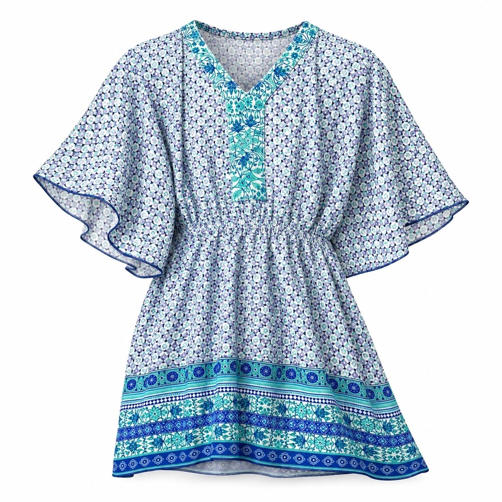 Cabana Life Swim Cover Up Dress Girls 7/8 Blue Geometric Floral‎ V-Neck